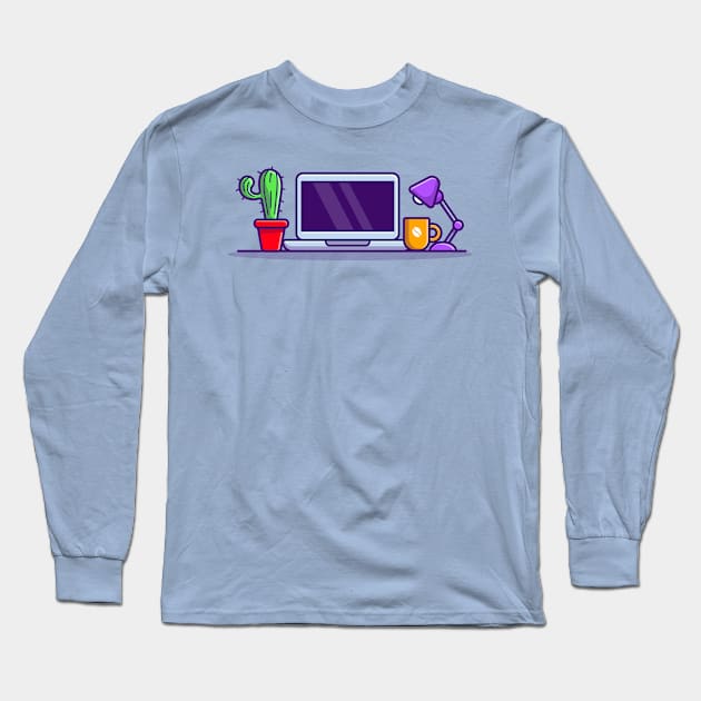 Workspace Cartoon Illustration Long Sleeve T-Shirt by Catalyst Labs